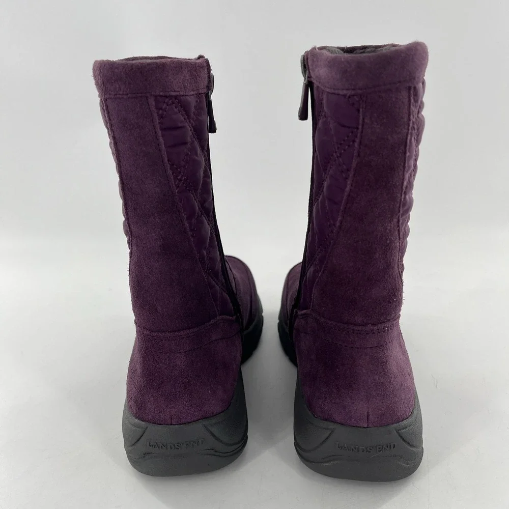 Lands End Snow Boots Suede Leather‎ Calf Womens 7 B Purple Quilted Fleece Lined